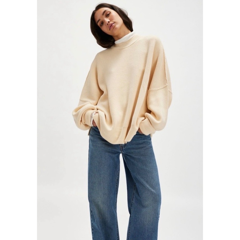 Free People Easy Street Tunic Sweater Cream Mock Neck XS Cozy Boho Oversized